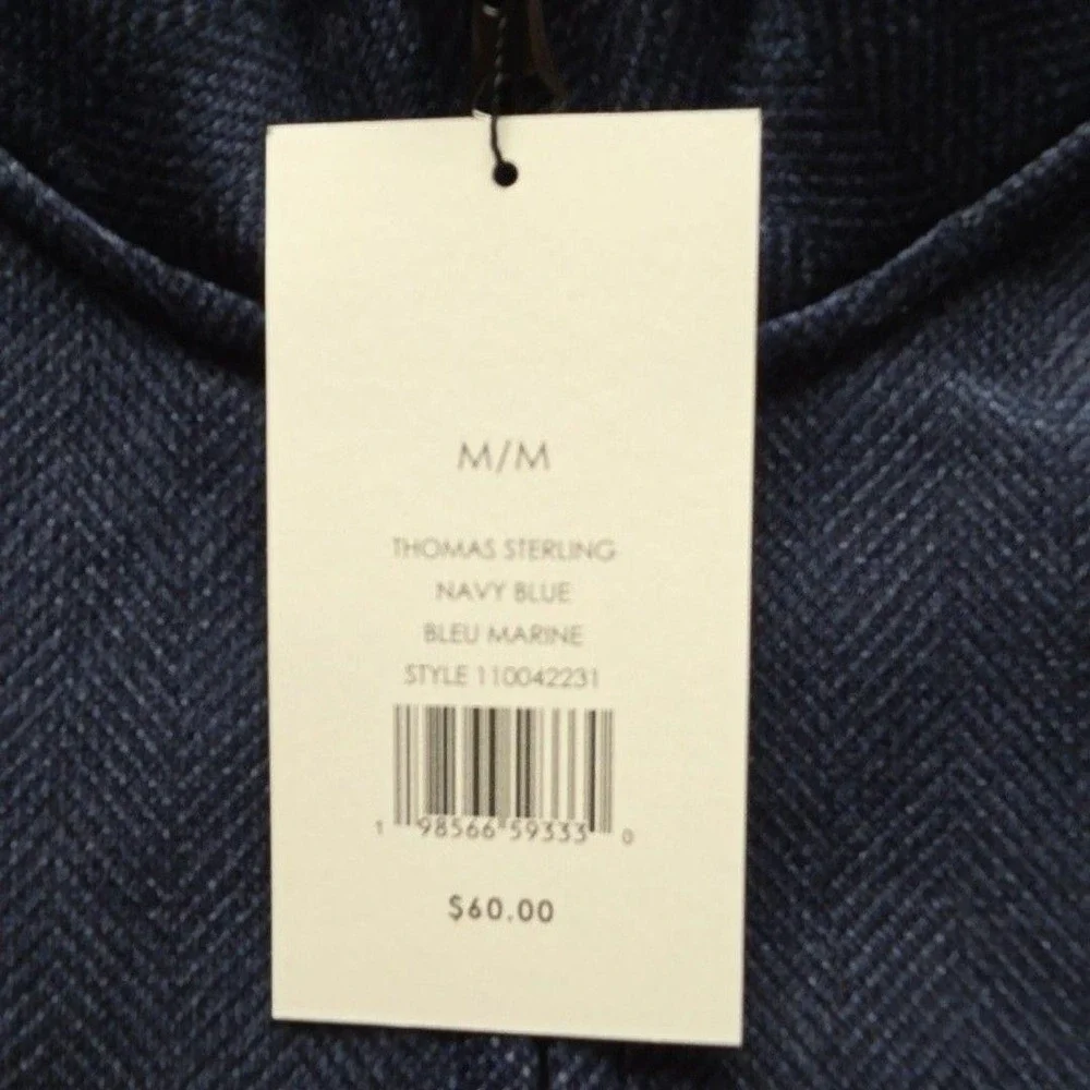 Thomas Sterling Sweater Mens Medium Blue Herringbone Fleece Mock Neck Pullover